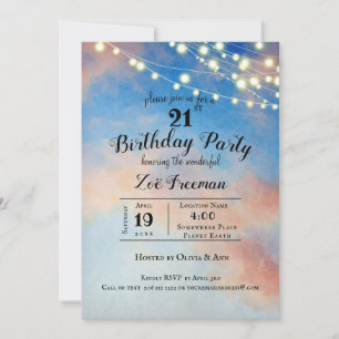 Pink Clouds in Sky   Blue 21st Birthday Invitation