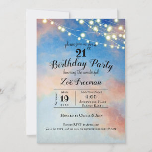 Pink Clouds in Sky   Blue 21st Birthday Invitation