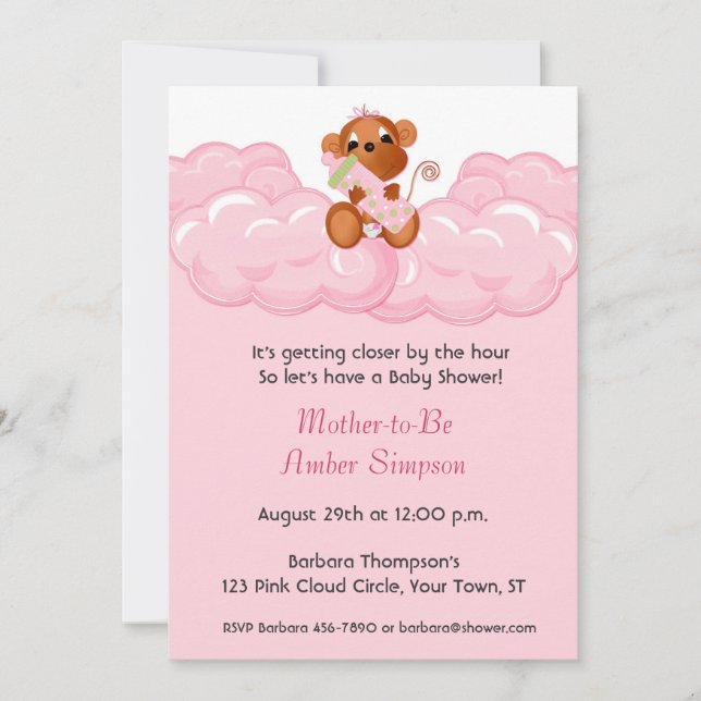 Pink Clouds,  Monkey Baby Shower Invitation (Front)