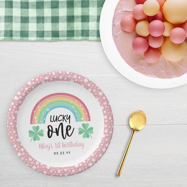 Pink Clover & Rainbow Lucky One First Birthday Paper Plate (Creator Uploaded)