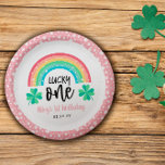 Pink Clover & Rainbow Lucky One First Birthday Paper Plate<br><div class="desc">Lucky one birthday party paper plates with a pink four leaf clover patterned trim and a sparkling rainbow in pretty colours. St Patrick's Day themed first birthday party paper plates in pink with a pretty rainbow and four leaf clovers. Pink lucky one birthday party paper plates with four leaf clovers...</div>