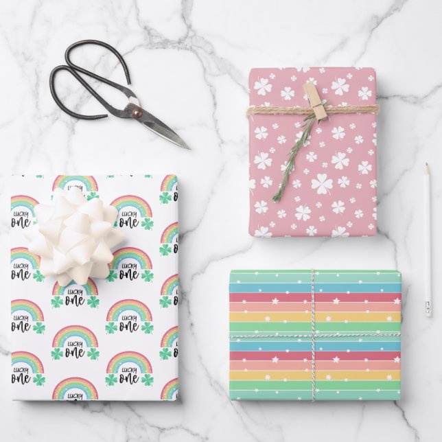 Pink Clover & Rainbow Lucky One First Birthday Wrapping Paper Sheet (Front)