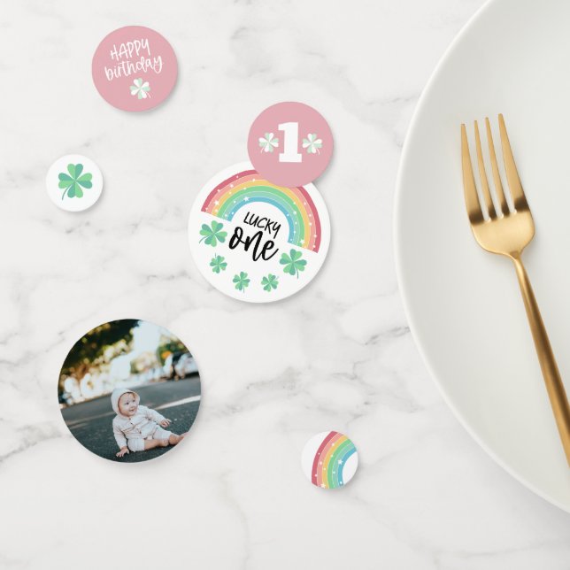 Pink Clover Rainbow Lucky One Photo 1st Birthday Confetti (Group)