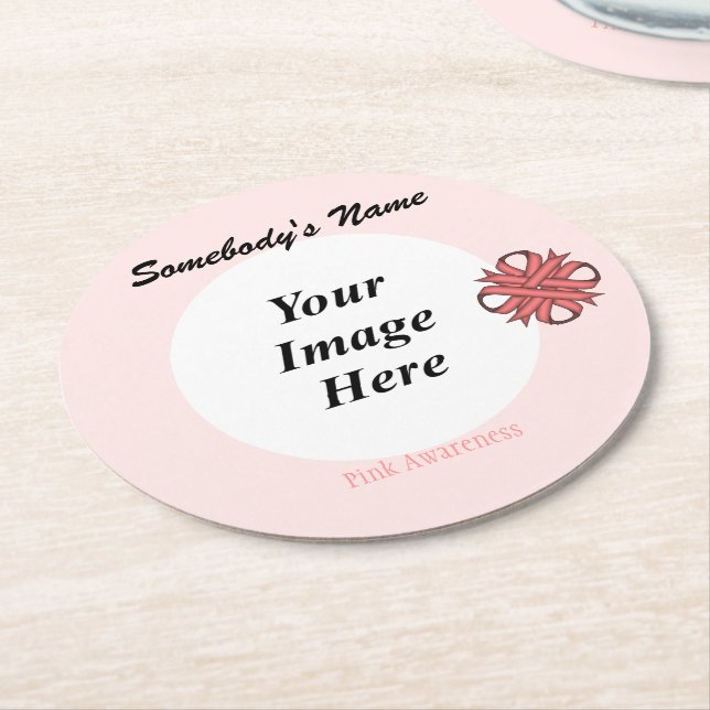 Pink Clover Ribbon Template Round Paper Coaster (Angled)
