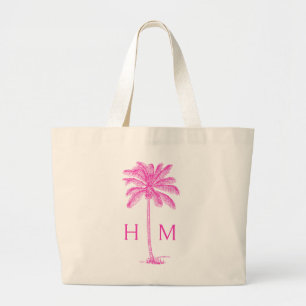 Pink Coastal Palmetto Palm Monogram Large Tote Bag