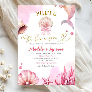 Pink Coastal She'll Be Here Soon Baby Shower Invitation