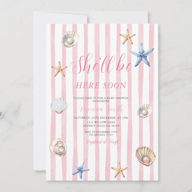 Pink Coastal She'll Be Here Soon Baby Shower Invitation (Front)