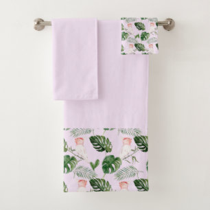 Pink Cockatiel Green Palm Leaves Bath Towel Set