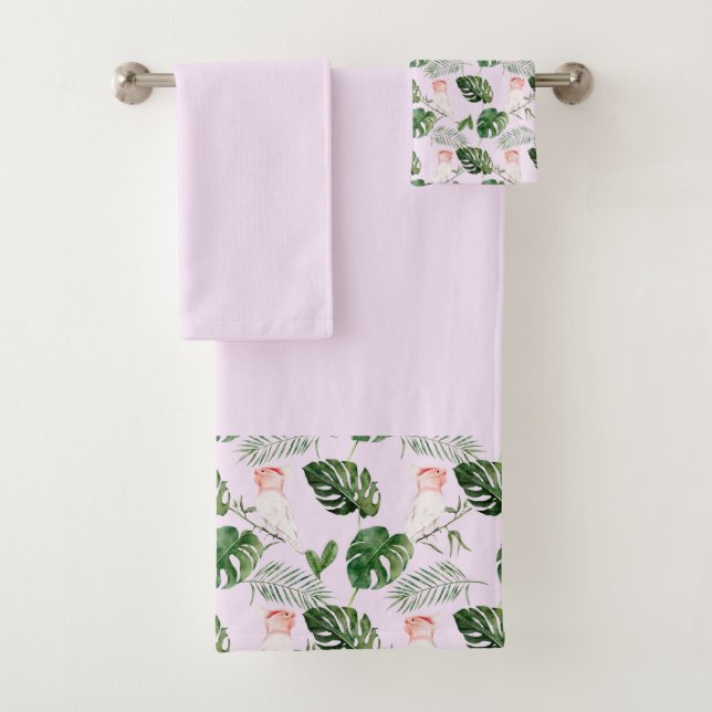 Pink Cockatiel Green Palm Leaves Bath Towel Set (Insitu)