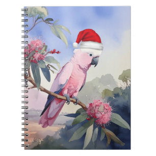 Pink Cockatoo Gala Santa Hat Merry Christmas Notebook