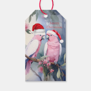Pink Cockatoos Santa Hat Merry Christmas Gift Tags