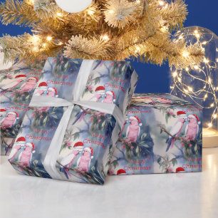 Pink Cockatoos Santa Hat Merry Christmas Wrapping Paper