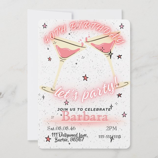 Pink Cocktail 40th Birthday Invitation (Front)