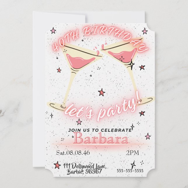 Pink Cocktail 40th Birthday Invitation (Front)
