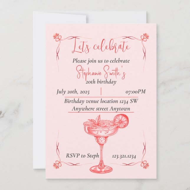 Pink Cocktail Birthday Invitation - Summer Vibe (Front)