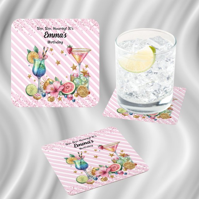 Pink Cocktail Candy Glitter Birthday Square Paper Coaster (Creator Uploaded)