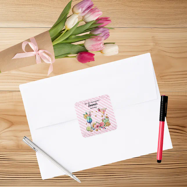Pink Cocktail Candy Glitter Birthday Square Sticker | Zazzle