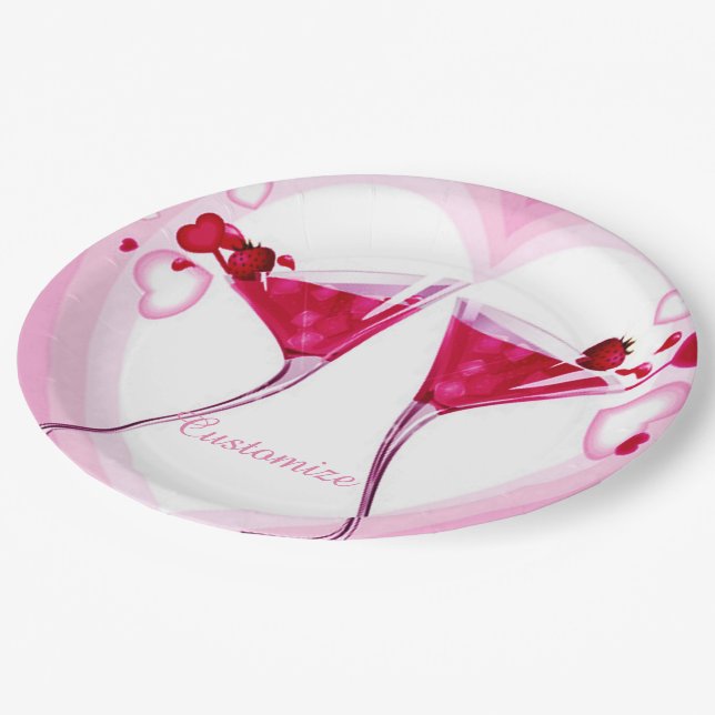 Pink Cocktail Glasses Paper Plates (Angled)