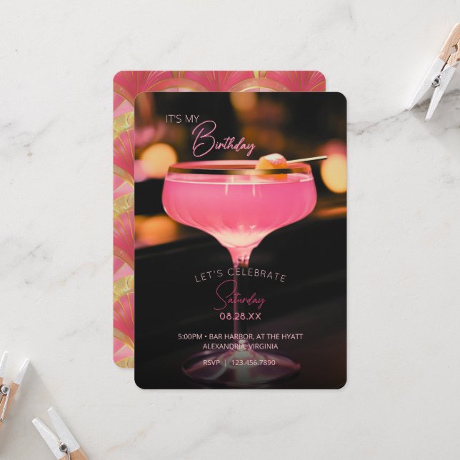 Pink Cocktail It's My Birthday Invitation (Front/Back In Situ)