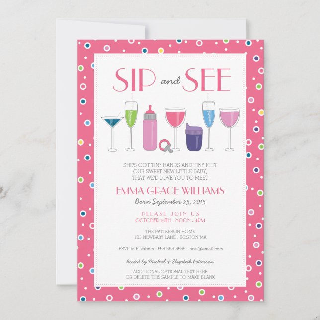 Pink Cocktail New Baby Girl Sip and See Invitation (Front)