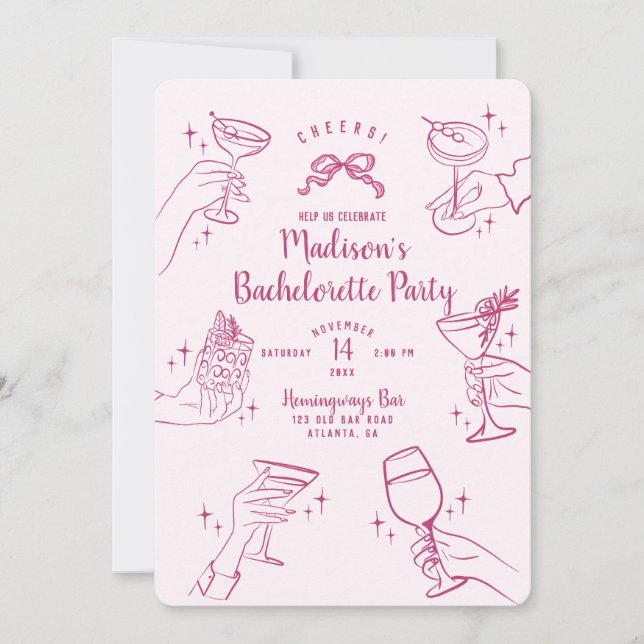 Pink Cocktail Party Bachelorette Party Invite (Front)
