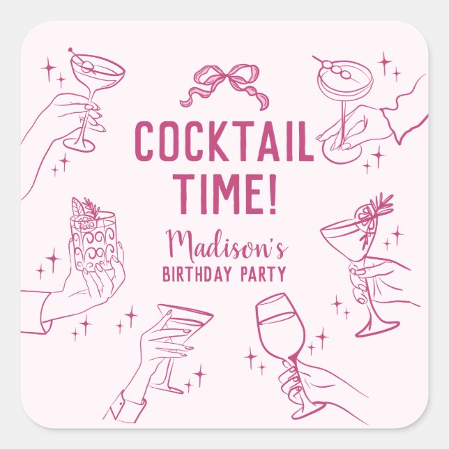 Pink Cocktail Party Birthday Envelope Favour Square Sticker (Front)