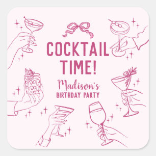 Pink Cocktail Party Birthday Envelope Favour Square Sticker