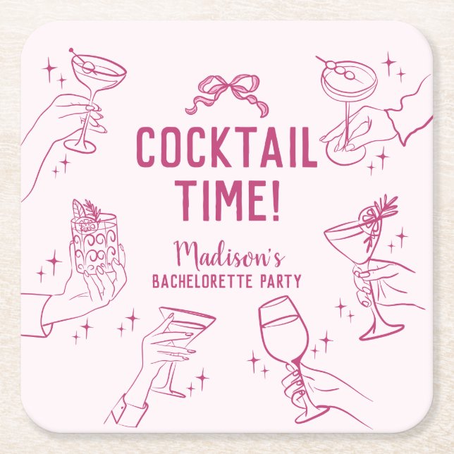 Pink Cocktail Party Retro Bachelorette Party Square Paper Coaster (Front)