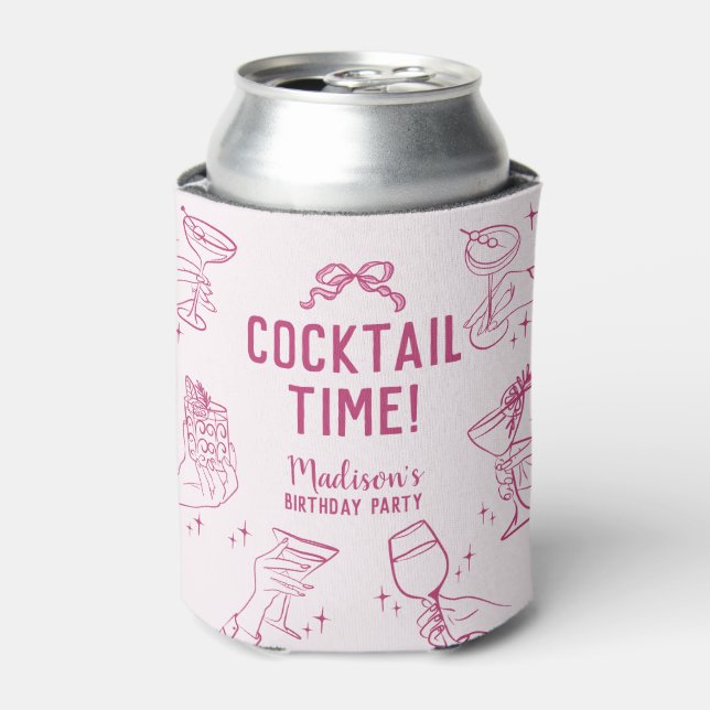 Pink Cocktail Party Retro Birthday Favours Can Cooler (Can Front)