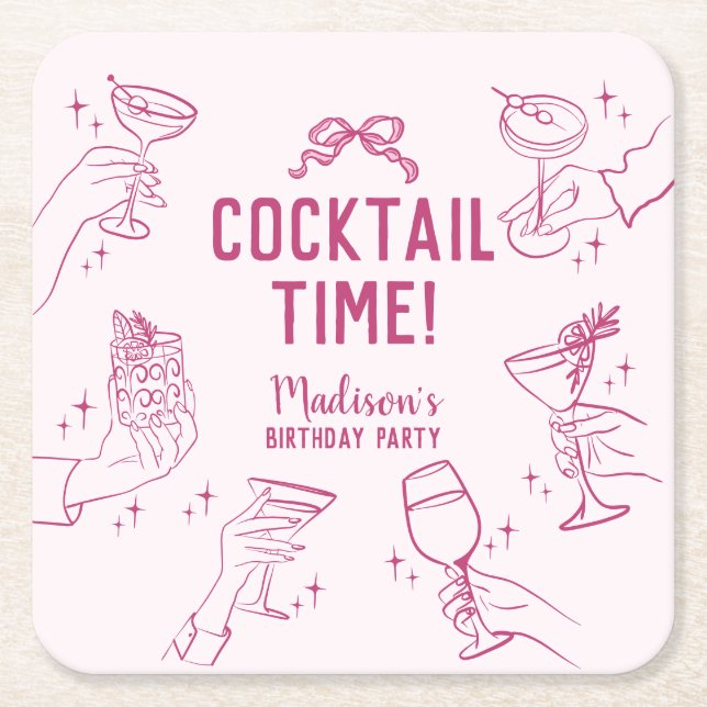 Pink Cocktail Party Retro Birthday Party Square Paper Coaster (Front)
