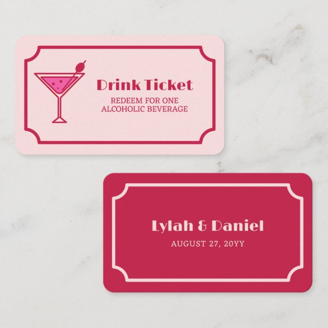 Pink Cocktail Retro Font Wedding Drink Ticket (Front/Back)