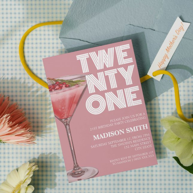 Pink Cocktail Theme 21st Birthday Party for Her Invitation (Creator Uploaded)
