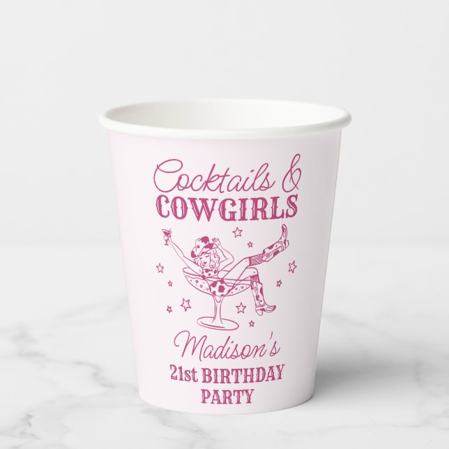 Pink Cocktails and Cowgirls Rodeo Birthday Paper Cups (Back)