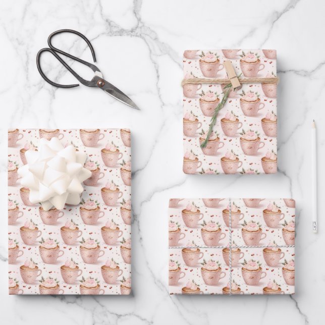 Pink Coffee Cups on White Wrapping Paper Sheet (Front)