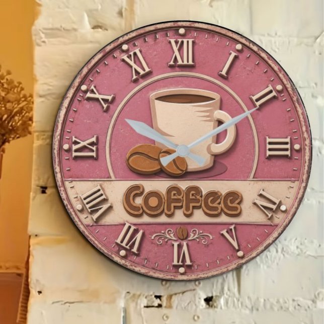 Pink Coffee Feminine Coffee Bar Decor Large Clock (Creator Uploaded)