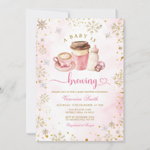 Pink Coffee Winter Snowflakes Latte Baby Shower Invitation