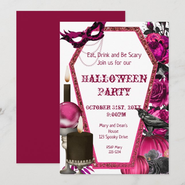 Pink Coffin Halloween, Floral Invitation (Front/Back)