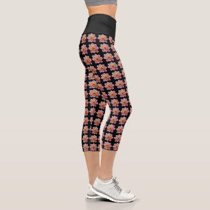 Pink Collarette Dahlia Floral Pattern on Black Capri Leggings