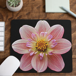 Pink Collarette Dahlia on Black Floral Mouse Mat