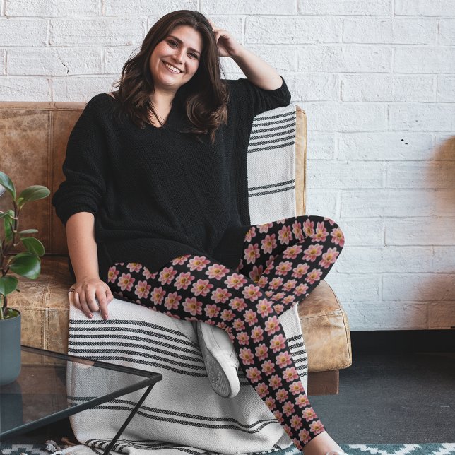 Pink Collarette Dahlia on Black Floral Pattern Leggings (In Situ)
