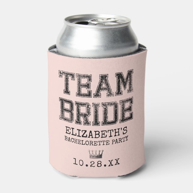 Pink Collegiate Team Bride Bachelorette Party Can Cooler (Can Front)