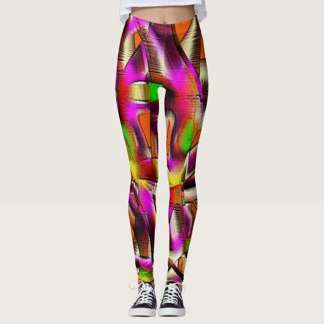 Pink coloful twisted cutouts and notched scratches leggings (Front)