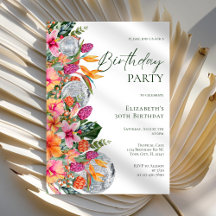 Pink Colorful Tropical Flowers Disco Ball Birthday