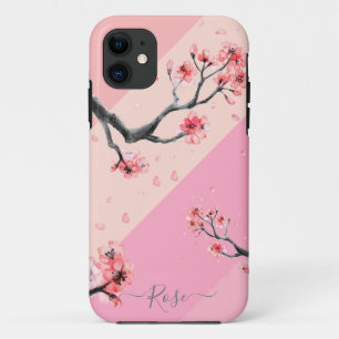 Pink colour block with cherry blossom iPhone 11 case