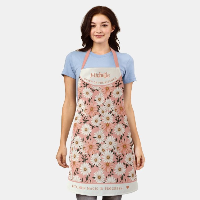 Pink colour daisies botanical personalised apron (Worn)