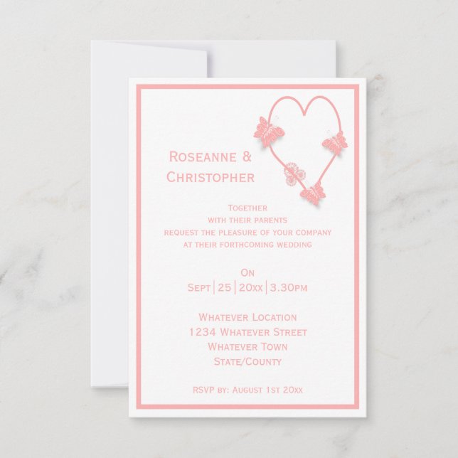 Pink Coloured Butterflies Heart Design Wedding Invitation (Front)