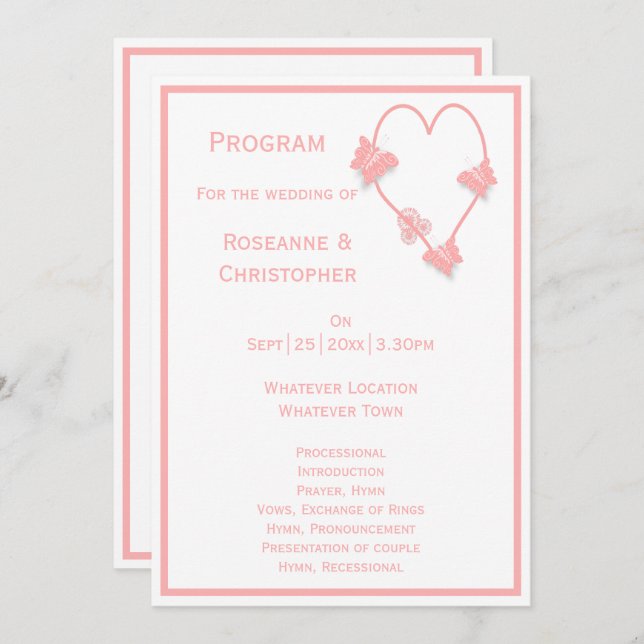 Pink Coloured Butterflies Heart Design Wedding Programme (Front/Back)