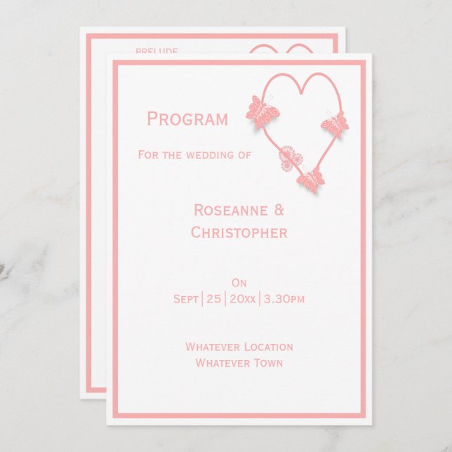 Pink Coloured Butterflies Heart Design Wedding Programme (Front/Back)