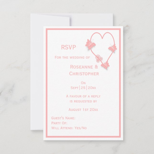 Pink Coloured Butterflies Heart Design Wedding RSVP Card (Front)