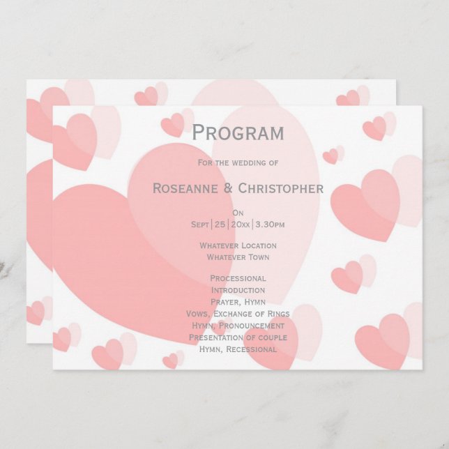 Pink Coloured Hearts Design Wedding Programme (Front/Back)
